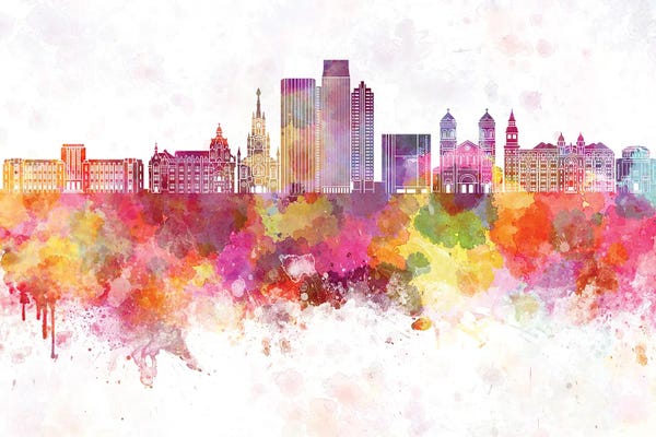 Paul Rommer: Medellin Skyline In Watercolor Background by Paul Rommer