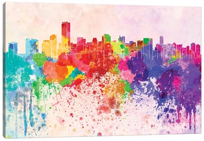Miami Skyline In Watercolor Background Canvas Art Print - Miami Skylines