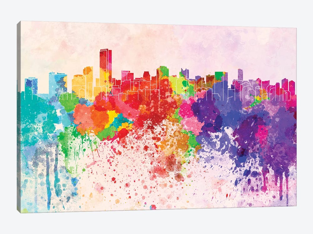Miami Skyline In Watercolor Background by Paul Rommer 1-piece Canvas Artwork