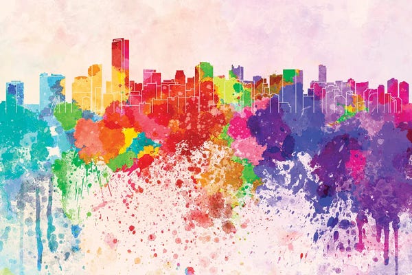 Miami Skylines: Miami Skyline In Watercolor Background by Paul Rommer