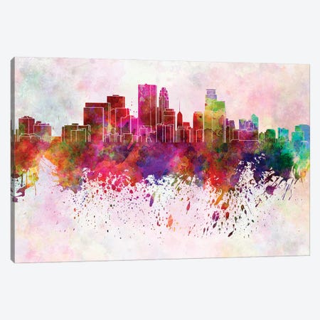 Minneapolis Skyline In Watercolor Background Canvas Print #PUR1556} by Paul Rommer Art Print