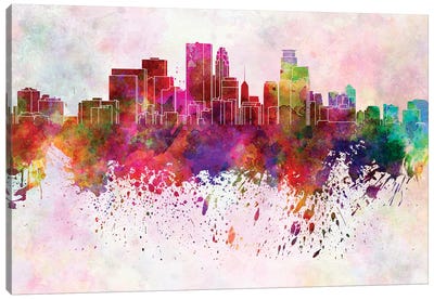 Minneapolis Skyline In Watercolor Background Canvas Art Print - Minnesota Art