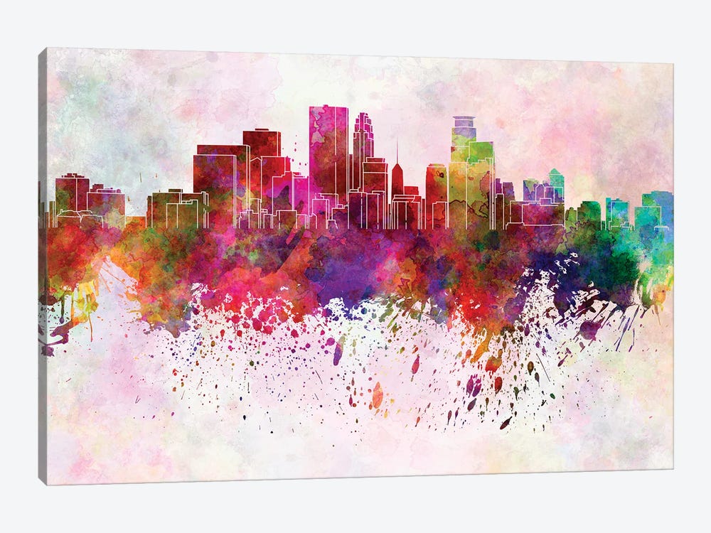 Minneapolis Skyline In Watercolor Background by Paul Rommer 1-piece Canvas Print