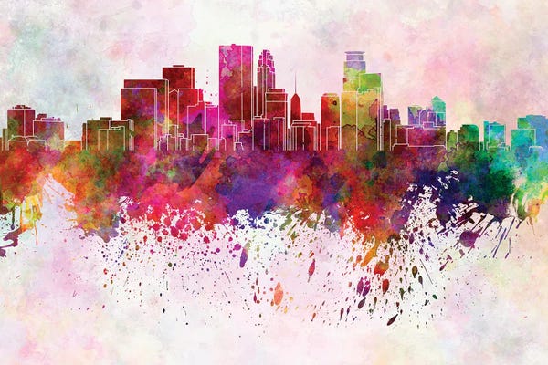 Minnesota: Minneapolis Skyline In Watercolor Background by Paul Rommer
