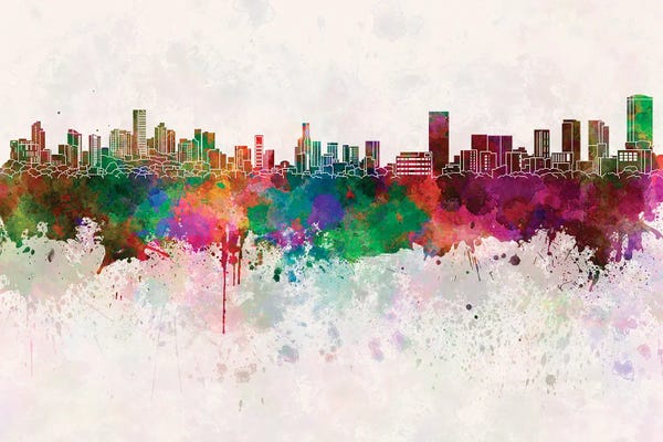 Mexico: Monterrey Skyline In Watercolor Background by Paul Rommer