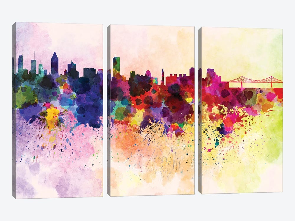 Montreal Skyline In Watercolor Background by Paul Rommer 3-piece Canvas Art