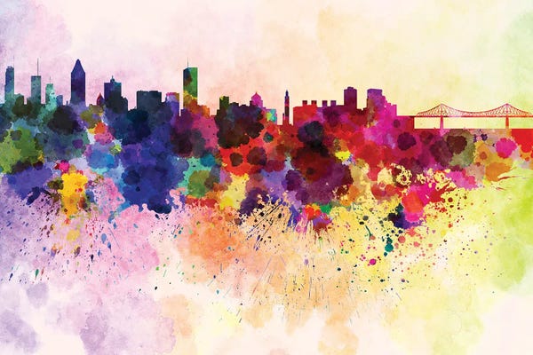 Quebec: Montreal Skyline In Watercolor Background by Paul Rommer
