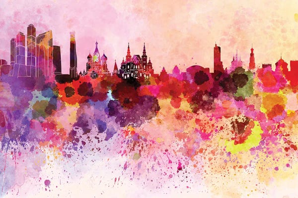 Russia: Moscow Skyline In Watercolor Background by Paul Rommer
