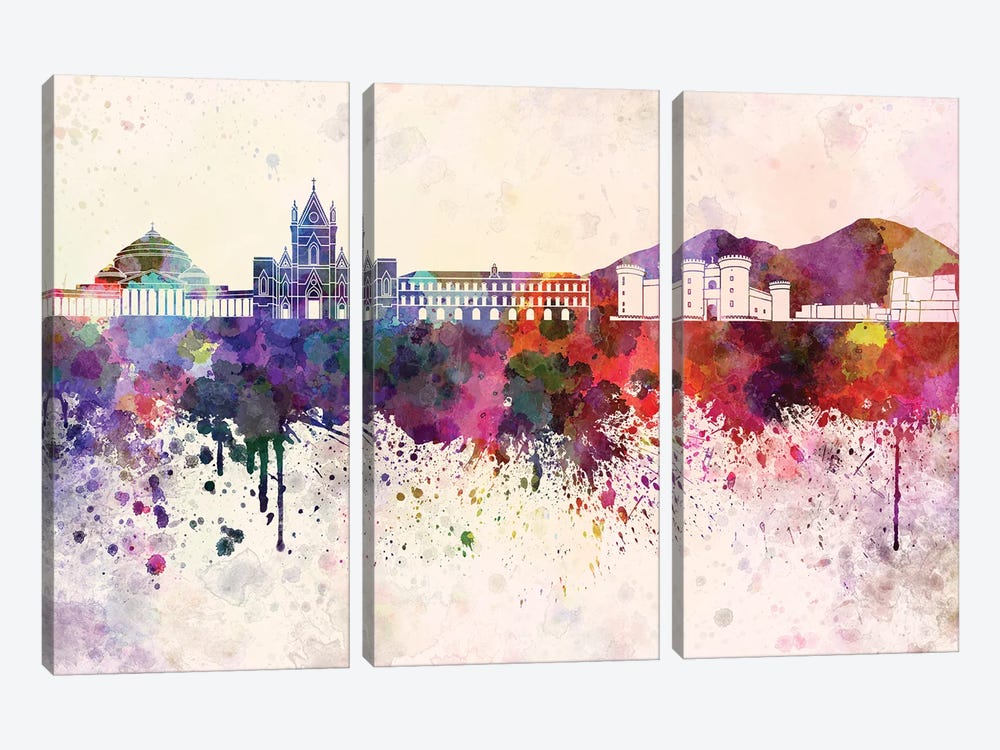 Naples Skyline In Watercolor Background by Paul Rommer 3-piece Canvas Artwork
