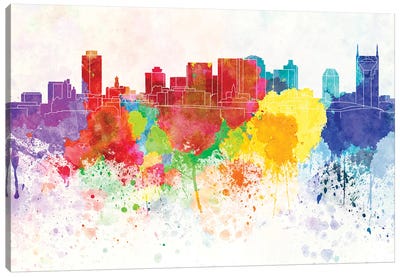 Nashville Skyline In Watercolor Background Canvas Art Print - Tennessee Art