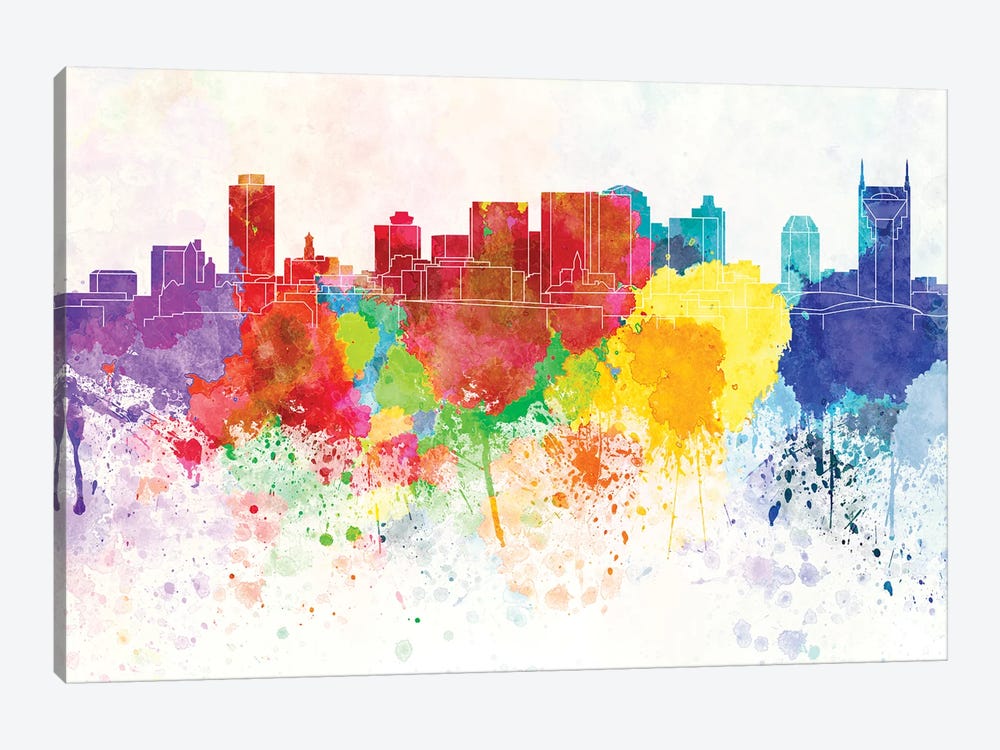 Nashville Skyline In Watercolor Background by Paul Rommer 1-piece Canvas Print