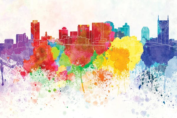 Tennessee: Nashville Skyline In Watercolor Background by Paul Rommer