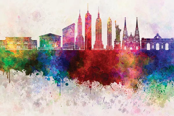 New York City Skylines: New York IIi Skyline In Watercolor Background by Paul Rommer