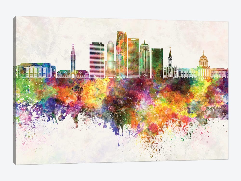 Oklahoma City II Skyline In Watercolor Background by Paul Rommer 1-piece Canvas Wall Art