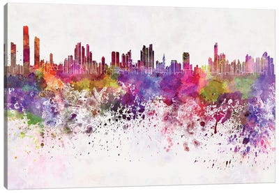 Panama City Skyline In Watercolor Background Canvas Art Print - Central America