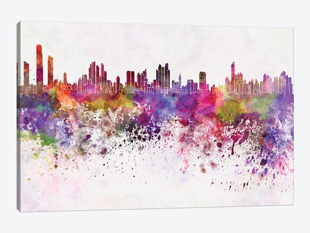 Panama City Skyline In Watercolor Background by Paul Rommer 1-piece Canvas Art Print