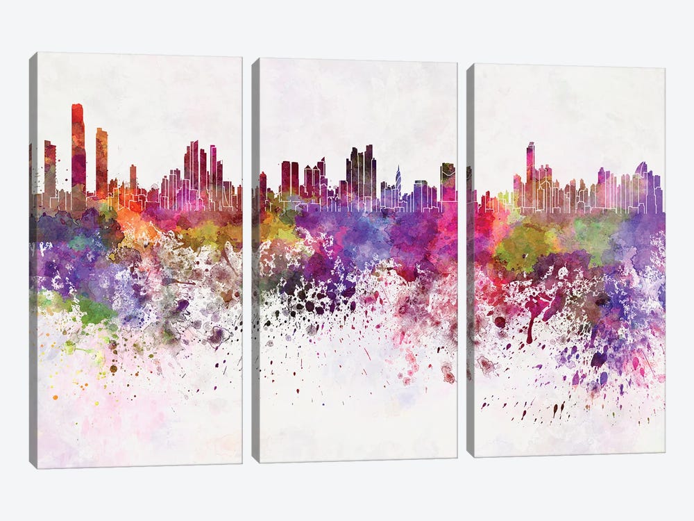 Panama City Skyline In Watercolor Background by Paul Rommer 3-piece Canvas Print