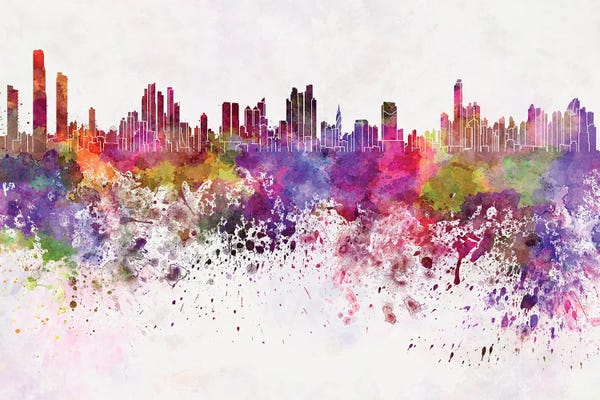 Paul Rommer: Panama City Skyline In Watercolor Background by Paul Rommer