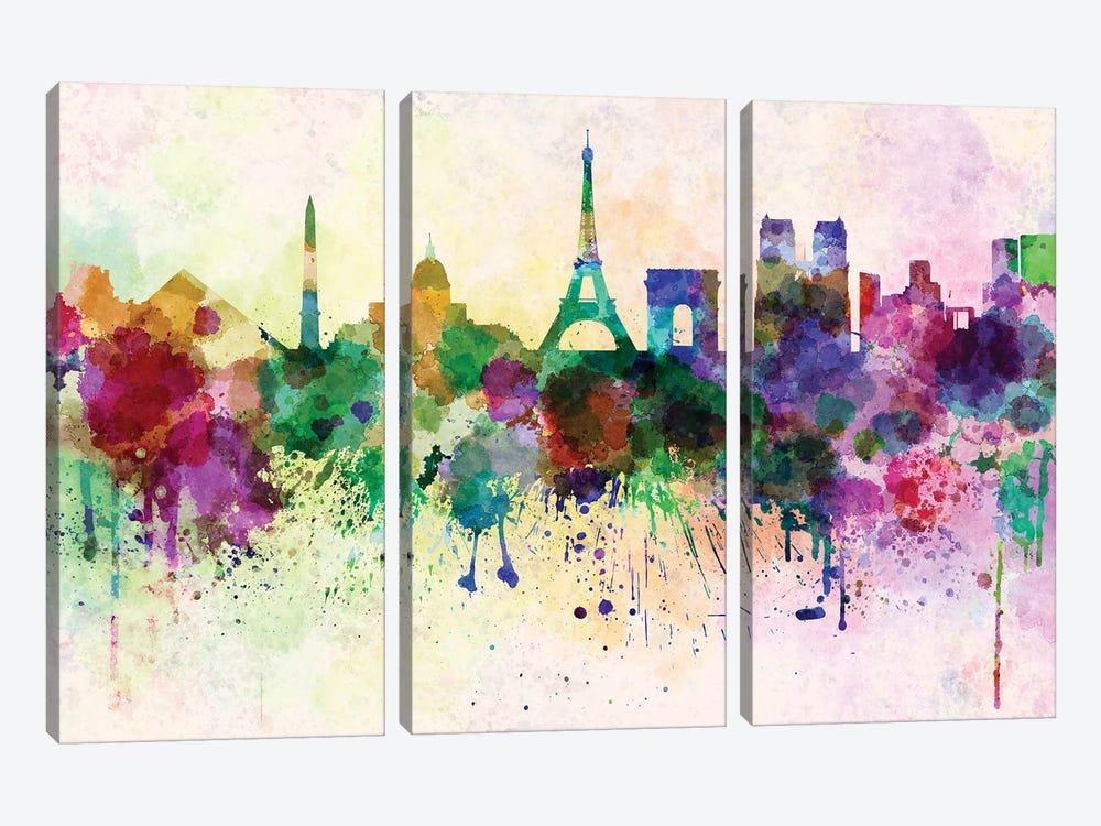 Paris Skyline In Watercolor Background by Paul Rommer 3-piece Art Print
