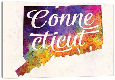 Connecticut US State In Watercolor Text Cut Out Canvas Art Print - Connecticut Art