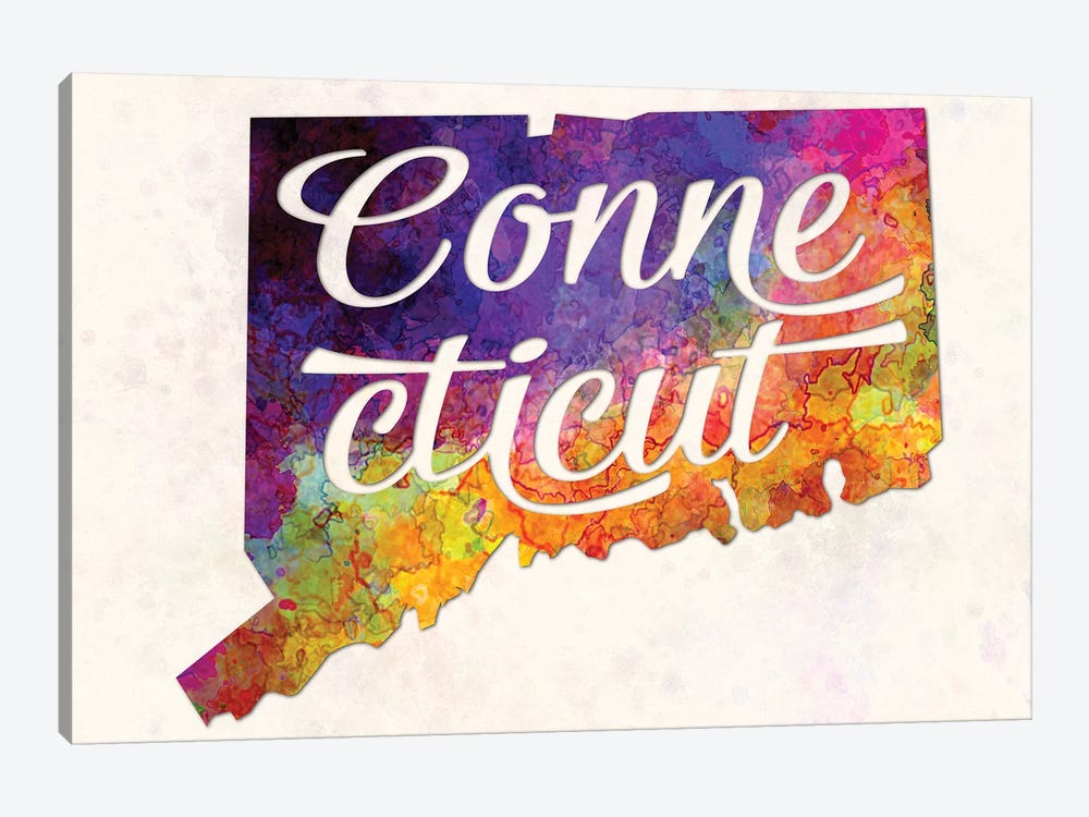 Connecticut US State In Watercolor Text Cut Out by Paul Rommer 1-piece Canvas Artwork
