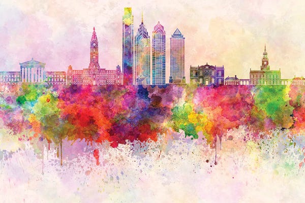 Pennsylvania: Philadelphia II Skyline In Watercolor Background by Paul Rommer