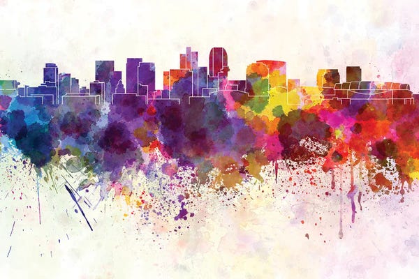 Phoenix: Phoenix Skyline In Watercolor Background by Paul Rommer