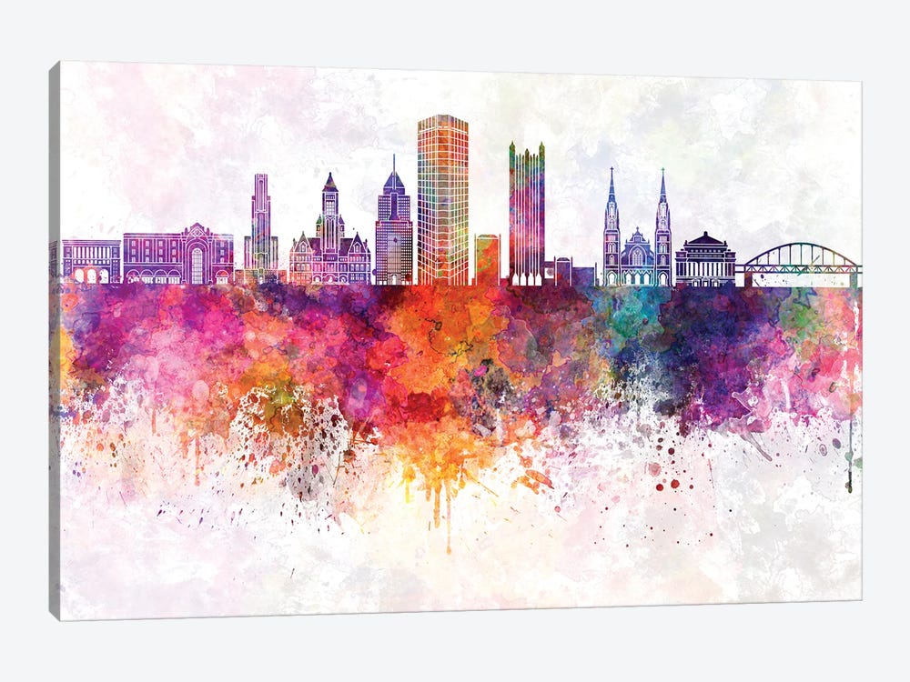 Pittsburgh II Skyline In Watercolor Background by Paul Rommer 1-piece Canvas Wall Art