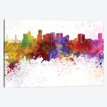 Portland Skyline In Watercolor Background Canvas Print #PUR1626} by Paul Rommer Art Print