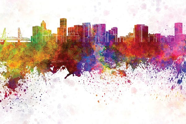Portland: Portland Skyline In Watercolor Background by Paul Rommer