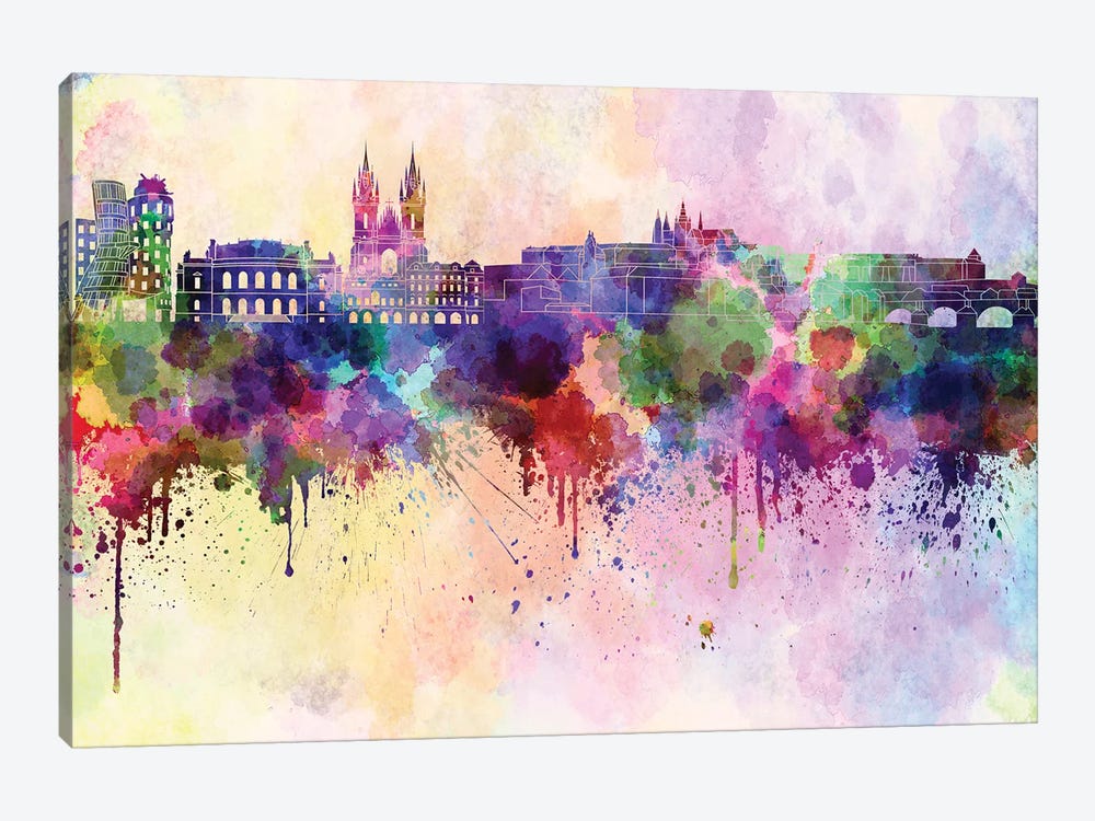 Prague Skyline In Watercolor Background by Paul Rommer 1-piece Canvas Art Print