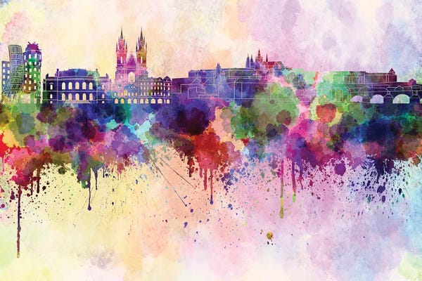 Czech Republic: Prague Skyline In Watercolor Background by Paul Rommer