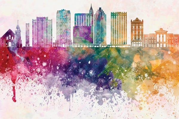 Raleigh: Raleigh II Skyline In Watercolor Background by Paul Rommer