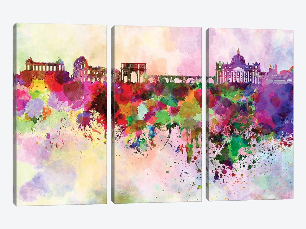 Rome Skyline In Watercolor Background by Paul Rommer 3-piece Canvas Wall Art