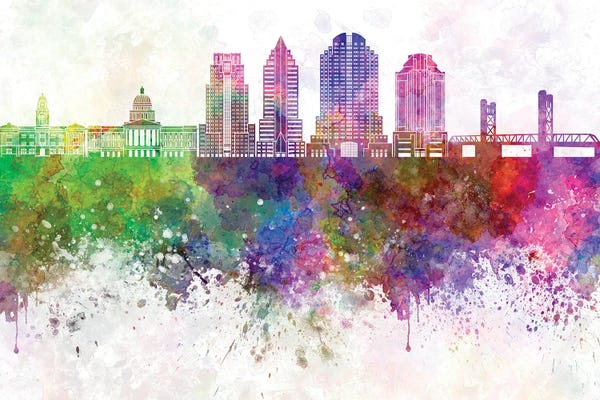 Sacramento: Sacramento II Skyline In Watercolor Background by Paul Rommer