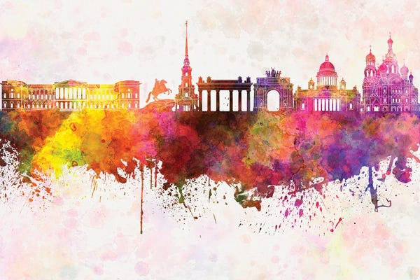 Saint Petersburg, Russia: Saint Petersburg Skyline In Watercolor Background by Paul Rommer