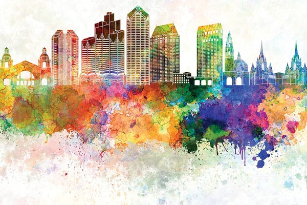 San Diego Skylines: San Diego II Skyline In Watercolor Background by Paul Rommer