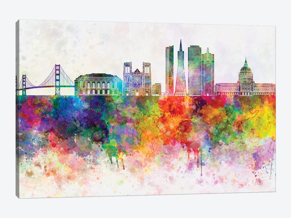 San Francisco II Skyline In Watercolor Background by Paul Rommer 1-piece Canvas Art Print
