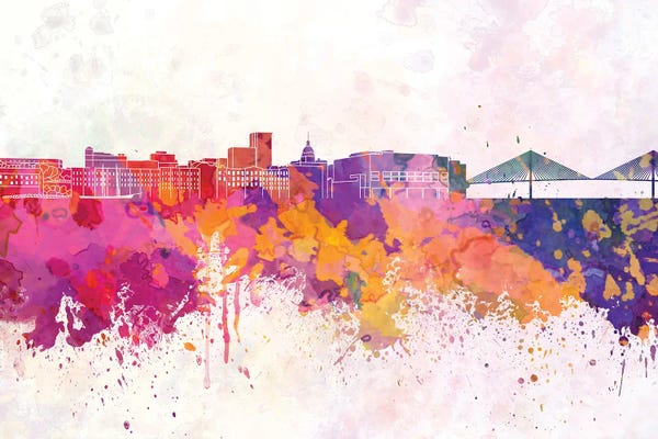 Savannah: Savannah Skyline In Watercolor Background by Paul Rommer