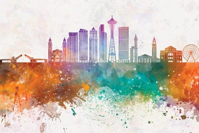Seattle V2 Skyline In Watercolor Background by Paul Rommer art print