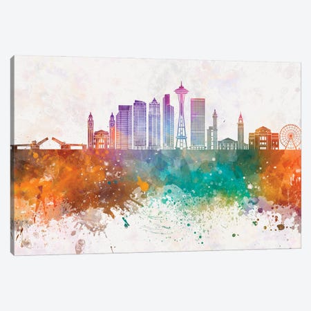 Seattle V2 Skyline In Watercolor Background Canvas Print #PUR1681} by Paul Rommer Canvas Art