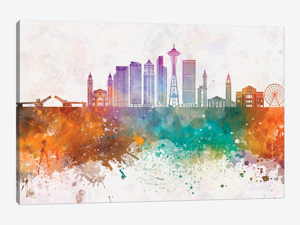 Seattle V2 Skyline In Watercolor Background by Paul Rommer 1-piece Canvas Art Print