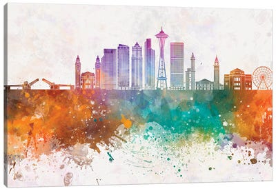 Seattle V2 Skyline In Watercolor Background Canvas Art Print - Seattle Art