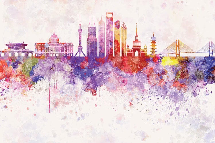 Shanghai II Skyline In Watercolor Background