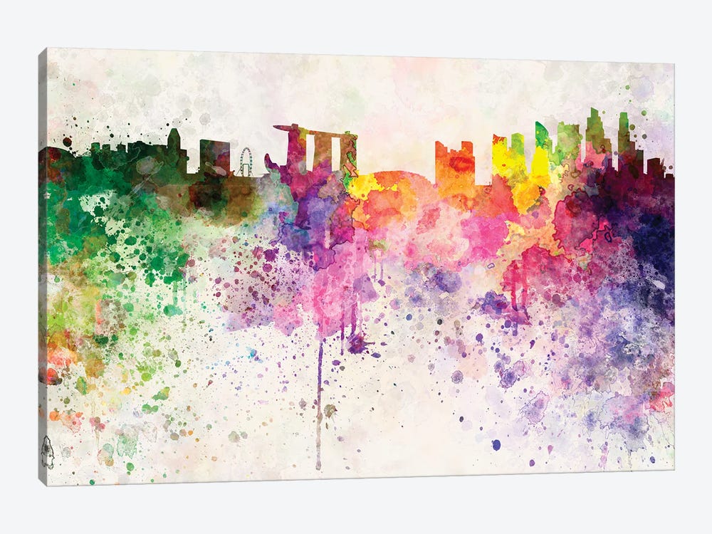 Singapore Ii Skyline In Watercolor Background by Paul Rommer 1-piece Canvas Artwork
