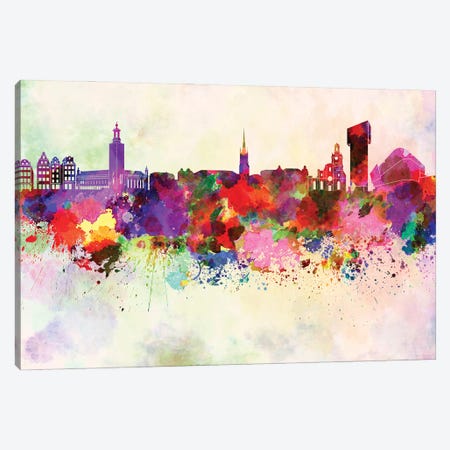Stockholm Skyline In Watercolor Background Canvas Print #PUR1705} by Paul Rommer Canvas Wall Art