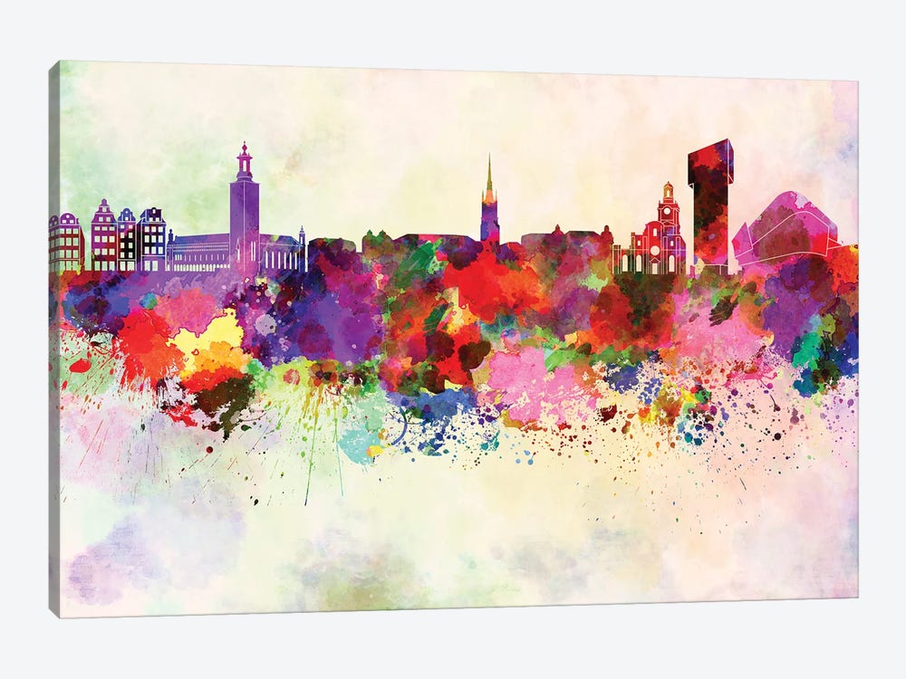 Stockholm Skyline In Watercolor Background by Paul Rommer 1-piece Canvas Wall Art