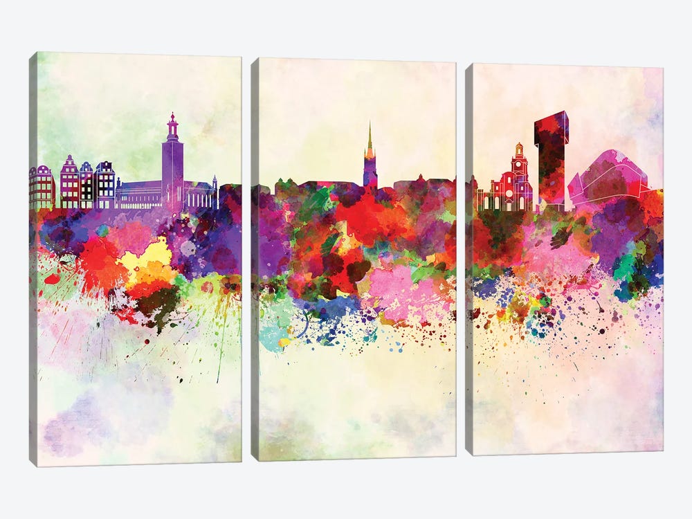 Stockholm Skyline In Watercolor Background by Paul Rommer 3-piece Canvas Artwork