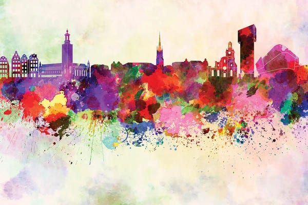Sweden: Stockholm Skyline In Watercolor Background by Paul Rommer