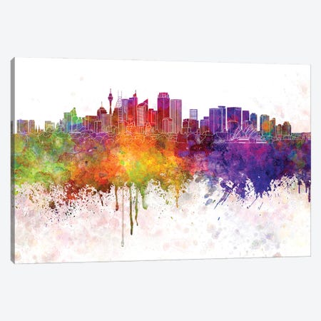 Sydney V2 Skyline In Watercolor Background Canvas Print #PUR1709} by Paul Rommer Canvas Art Print